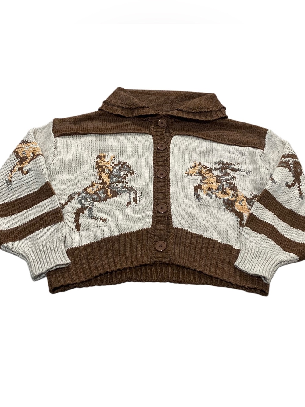 Veveret Heavy Knit Western Horse Print Brown Button Up Sweater Cardigan Medium - Picture 4 of 10